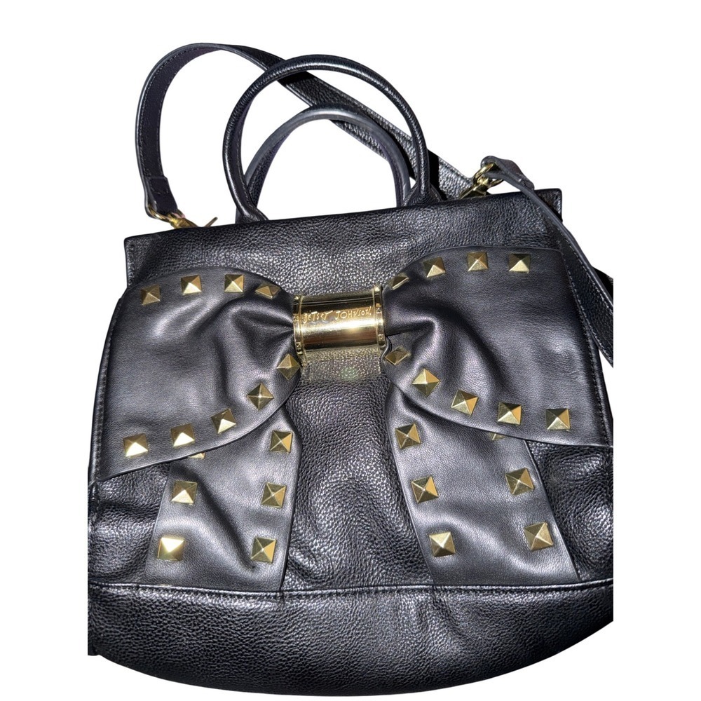 Betsey Johnson Black Leather Bow Studded Satchel Crossbody Handbag Gold Accents‎